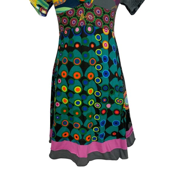 Desigual Dress S Colorful Embroidered Short Sleeve Tiered V-Neck Art To Wear - Picture 10 of 13